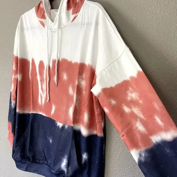 Colorblock Tie Dye Long Sleeve Womens Pullover Hoodie Sweater Pocket Medium - Picture 8 of 8